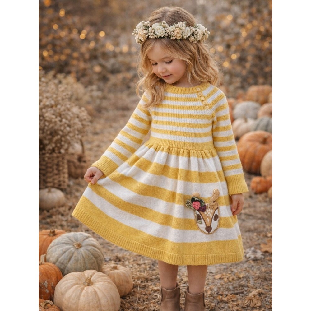 Cynthia Rowley Yellow White Stripe Knit Dress Girls 4T Deer Floral Applique Long